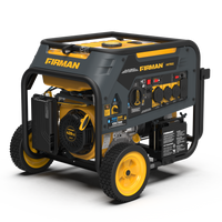 Dual Fuel Portable Generator 7500W Electric Start 120/240V from FIRMAN Power Equipment on wheels, displaying control panel, power outlets, and yellow and black color scheme.
