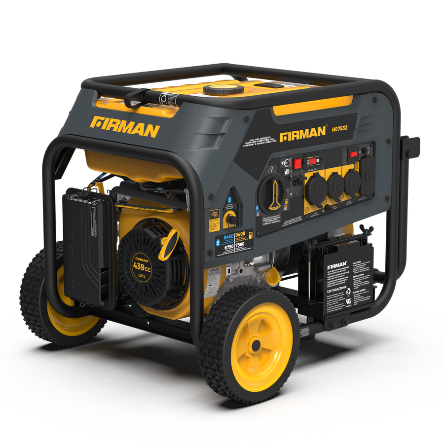 Dual Fuel Portable Generator 7500W Electric Start 120/240V from FIRMAN Power Equipment on wheels, displaying control panel, power outlets, and yellow and black color scheme.