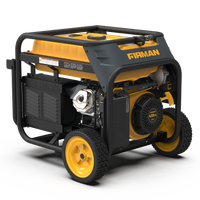 Portable FIRMAN dual fuel generator with yellow and black color scheme, featuring large wheels and housed in a metal frame.