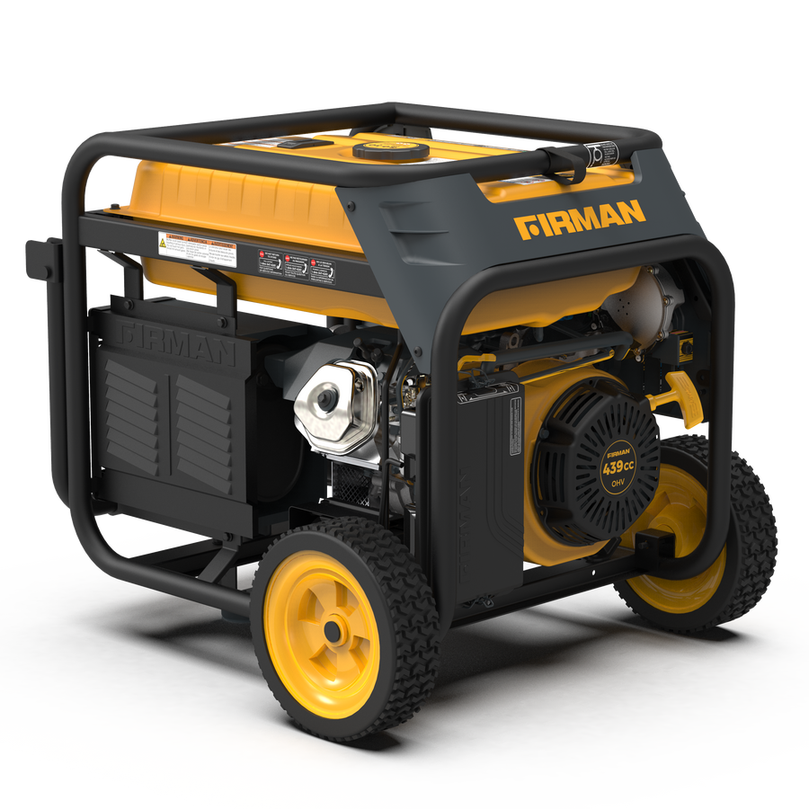 Portable FIRMAN dual fuel generator with yellow and black color scheme, featuring large wheels and housed in a metal frame.
