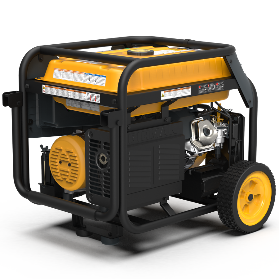 Portable FIRMAN Power Equipment dual-fuel generator with yellow wheels, isolated on a white background.