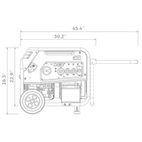 Technical line drawing of a FIRMAN Power Equipment Dual Fuel Portable Generator 7500W Electric Start 120/240V with labeled dimensions, featuring side profile and visible components such as wheels and control panel.