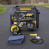 A FIRMAN Power Equipment Dual Fuel Portable Generator 7500W Electric Start 120/240V on an asphalt road, complete with power cords and a manual, surrounded by a natural setting.