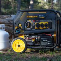A FIRMAN Power Equipment Dual Fuel Portable Generator 7500W Electric Start 120/240V connected to a propane tank in a forest setting.