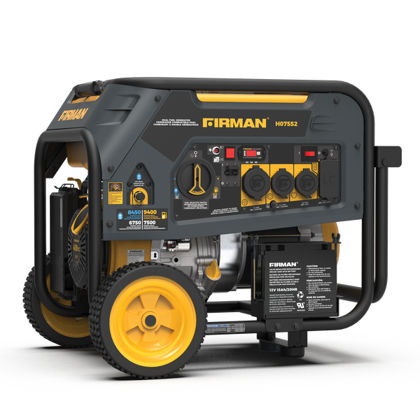 FIRMAN Power Equipment's Dual Fuel Portable Generator 7500W Electric Start 120/240V with yellow wheels and multiple power outlets, displayed against a striped grey background.