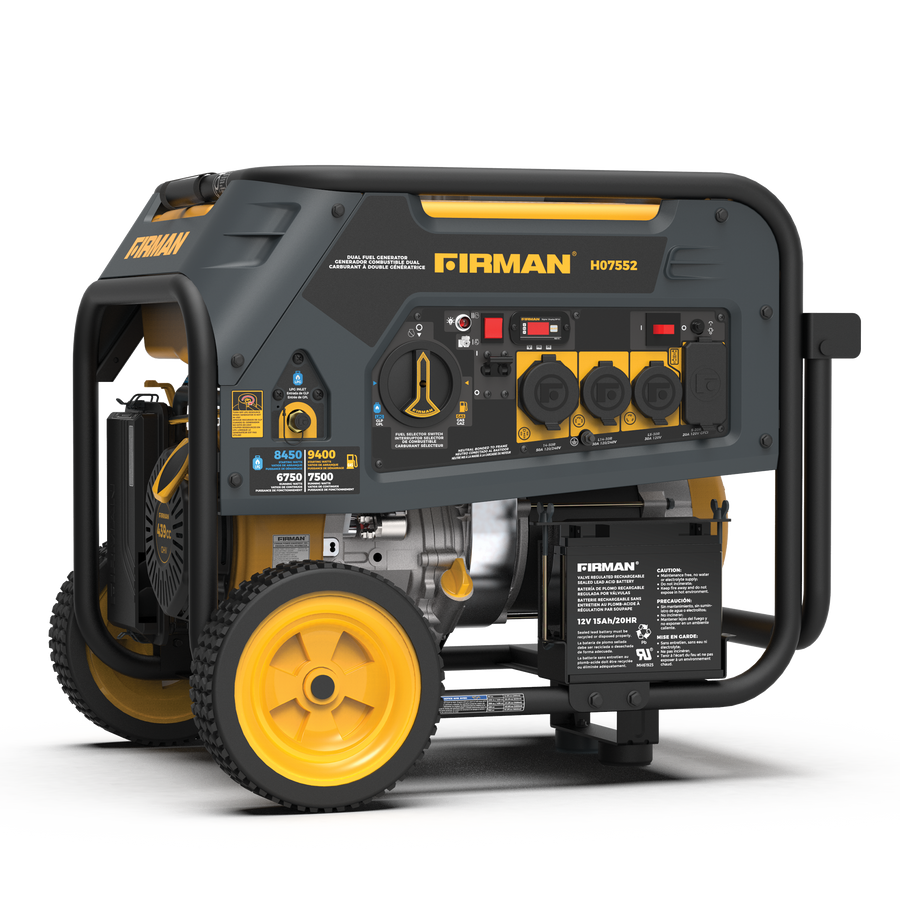 FIRMAN Power Equipment's Dual Fuel Portable Generator 7500W Electric Start 120/240V with yellow wheels and multiple power outlets, displayed against a striped grey background.