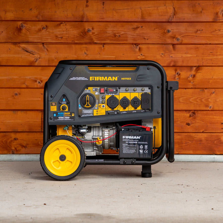 A FIRMAN Power Equipment Dual Fuel Portable Generator 9400W Electric Start 120/240V with CO Alert on a wooden platform with a wooden background, featuring yellow wheels and various outlets.