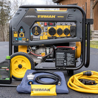 A FIRMAN Power Equipment Dual Fuel Portable Generator 9400W Electric Start 120/240V with CO Alert, displayed with its accessories including a power cord, oil, and a cover, set on a concrete background near grass.