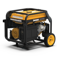 A FIRMAN Power Equipment Dual Fuel Portable Generator 9400W Electric Start 120/240V with CO Alert with a black frame, yellow accents, and two wheels on a striped white background.