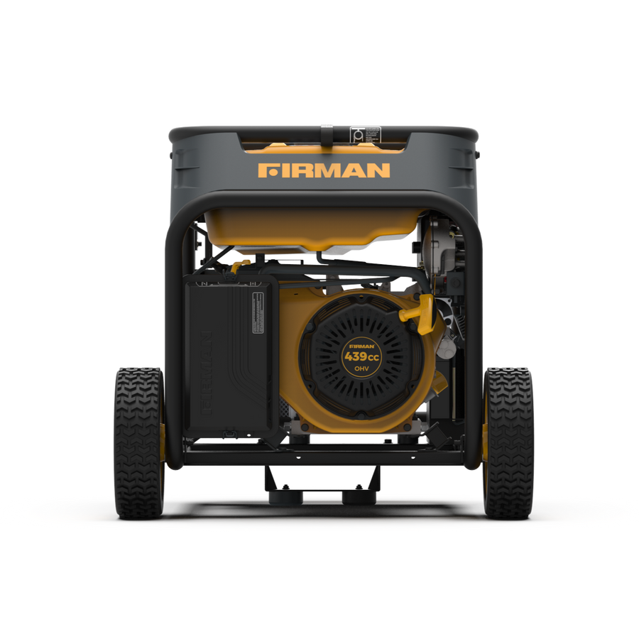 A FIRMAN Power Equipment Dual Fuel Portable Generator 9400W Electric Start 120/240V with CO Alert on wheels, viewed from the rear, showcasing its yellow and black design against a white background.