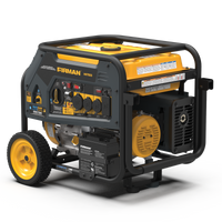 A FIRMAN Power Equipment Dual Fuel Portable Generator 9400W Electric Start 120/240V with CO Alert on wheels with multiple outlets and a black and yellow color scheme.