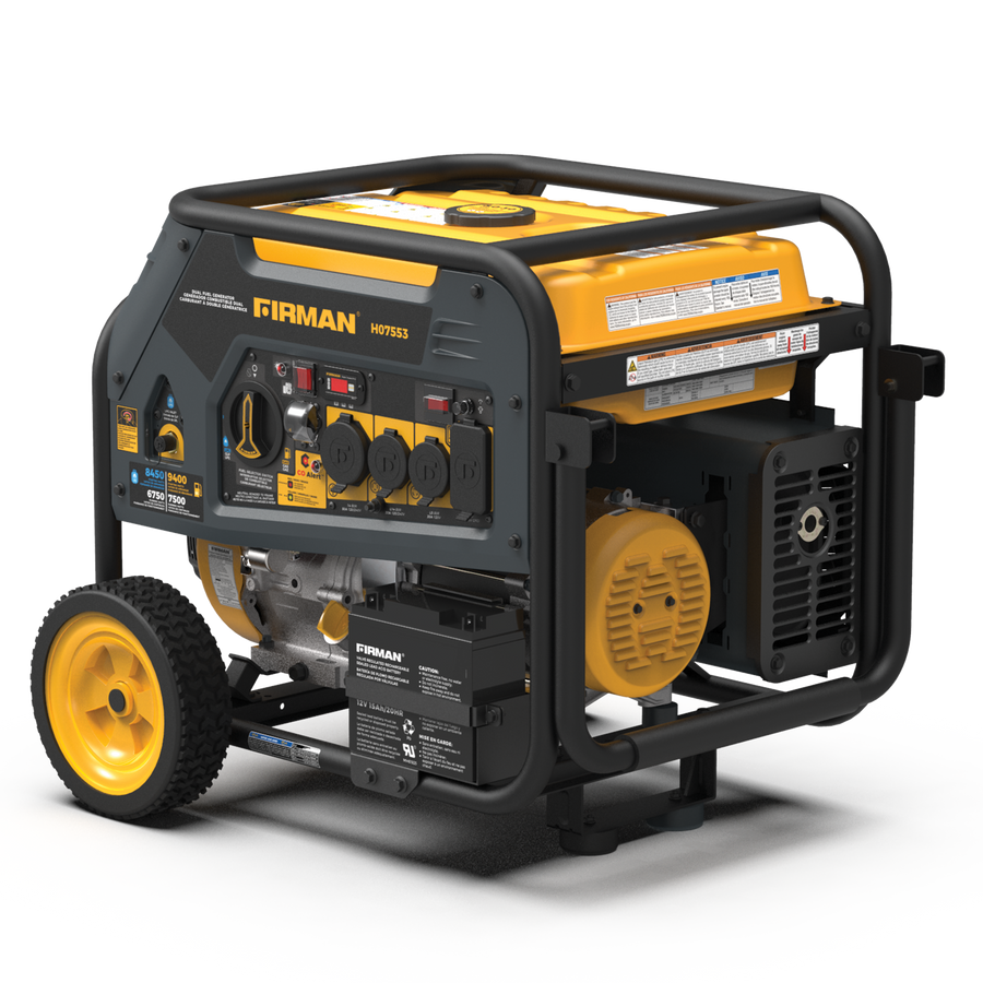 A FIRMAN Power Equipment Dual Fuel Portable Generator 9400W Electric Start 120/240V with CO Alert on wheels with multiple outlets and a black and yellow color scheme.