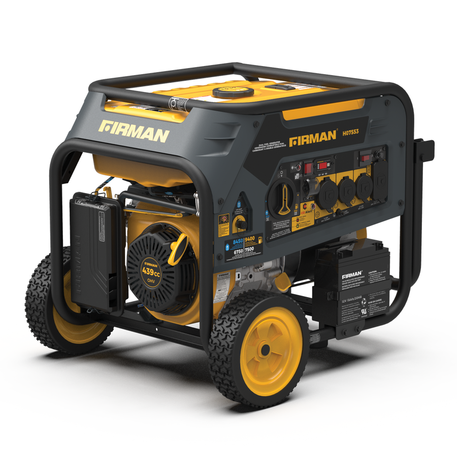 Portable FIRMAN Power Equipment Dual Fuel 9400W Electric Start 120/240V Generator on wheels with visible control panel, outlets, and black and yellow color scheme.