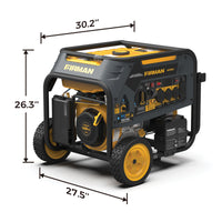 A FIRMAN Power Equipment Dual Fuel Portable Generator 9400W Electric Start 120/240V with CO Alert with yellow wheels and control panel, displaying dimensions of 30.2 inches long, 27.5 inches high, and 26.3 inches wide.