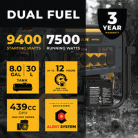 Advertisement for the FIRMAN Power Equipment Dual Fuel Portable Generator 9400W Electric Start 120/240V with CO Alert featuring key specs like starting watts of 9400, running watts of 7500, and a carbon monoxide alert system.