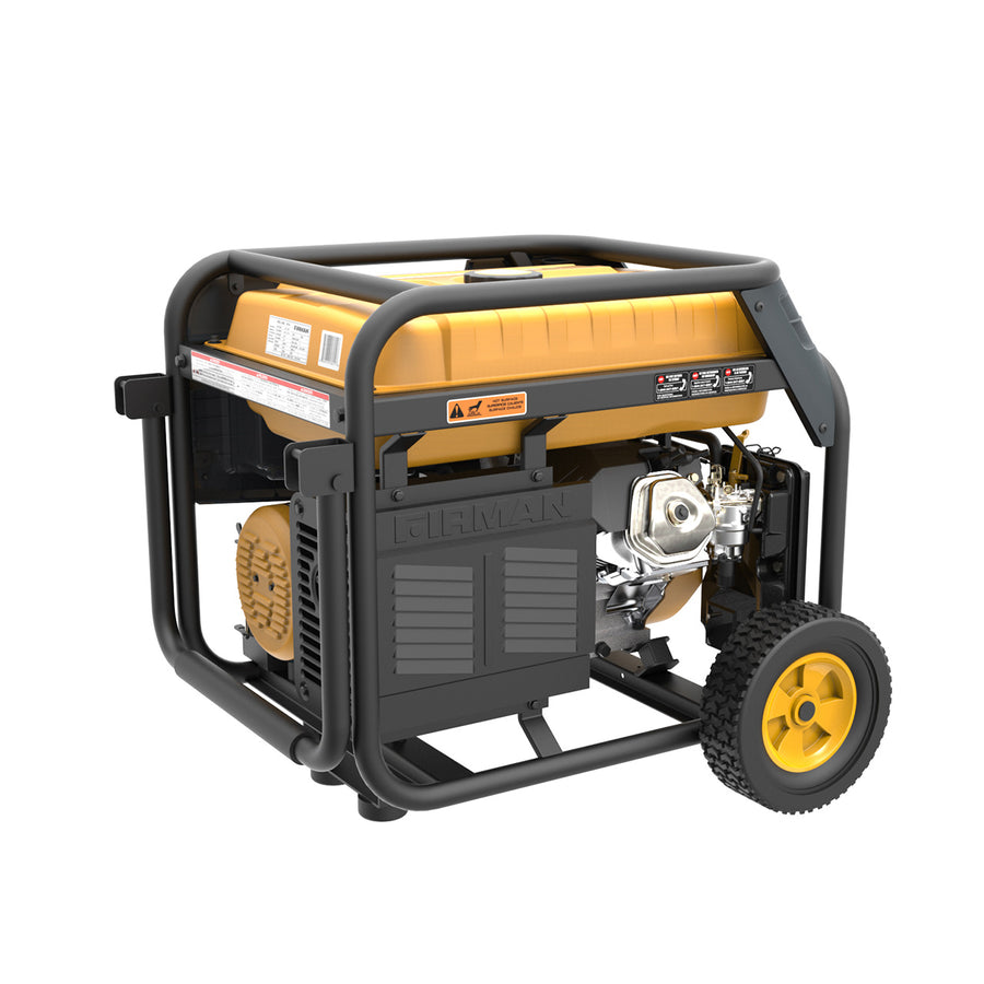 Portable FIRMAN Power Equipment Dual Fuel Generator on wheels, featuring a sturdy metal frame and visible engine components, isolated on a white background.