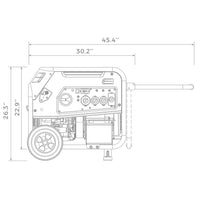Technical drawing of a FIRMAN Power Equipment Dual Fuel Portable Generator 8000W Electric Start 120/240V with labeled dimensions.