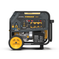 Portable Firman Power Equipment dual fuel generator with yellow wheels and a digital display, featuring various power output sockets and control knobs.