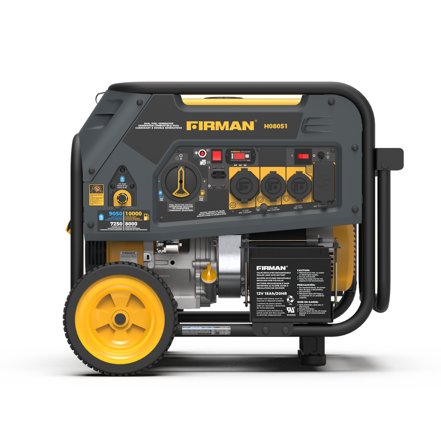 Portable Firman Power Equipment dual fuel generator with yellow wheels and a digital display, featuring various power output sockets and control knobs.