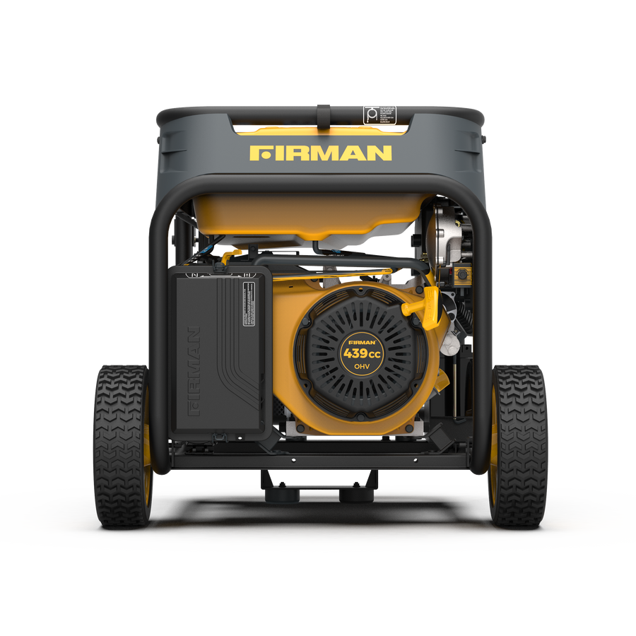 A front view of a FIRMAN Power Equipment Dual Fuel Portable Generator 8000W Electric Start 120/240V, featuring large wheels, yellow and gray color scheme, and labeled "performance" on a casing.
