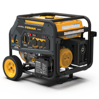A FIRMAN Power Equipment Dual Fuel Portable Generator 8000W Electric Start 120/240V with yellow and black coloring, featuring multiple outlets and mounted on a frame with wheels.