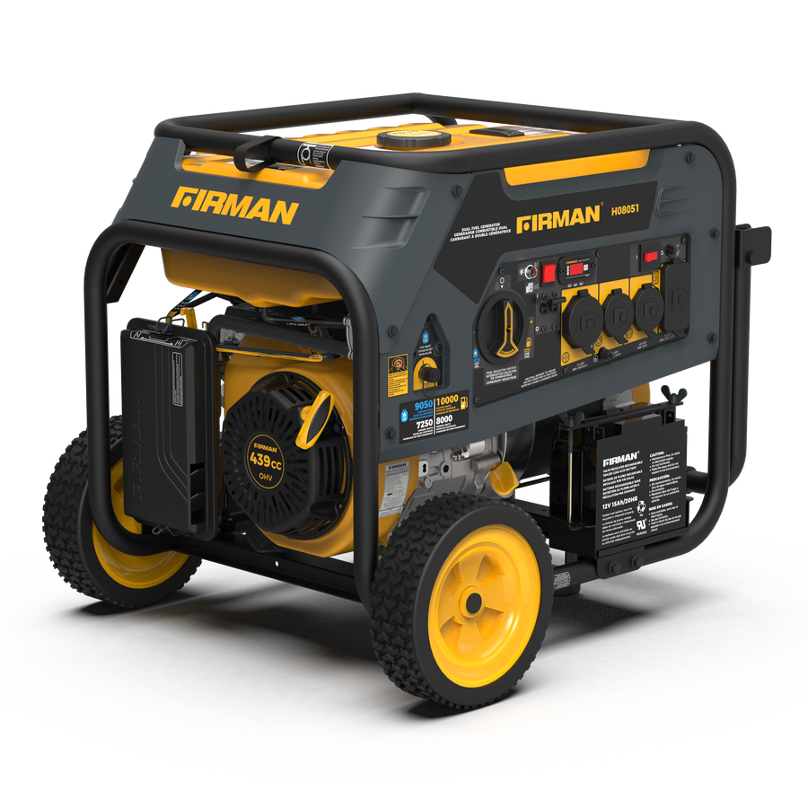 Black and yellow FIRMAN Power Equipment Dual Fuel Portable Generator 8000W Electric Start 120/240V on a white background.