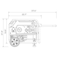 Technical line drawing of the FIRMAN Power Equipment Dual Fuel Portable Generator 3650W Recoil Start with dimensions labeled showing height, width, and depth.