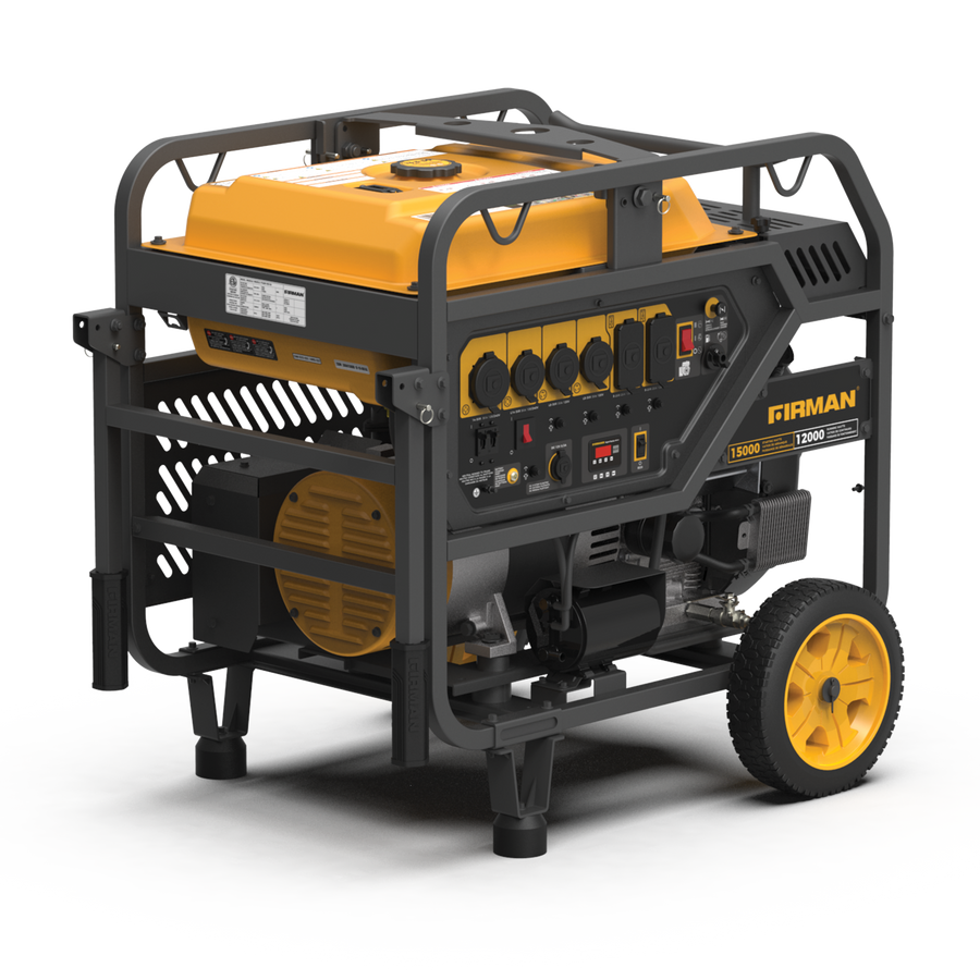 A FIRMAN Power Equipment Gas Portable Generator 15000W Electric Start 120/240V, yellow and black.