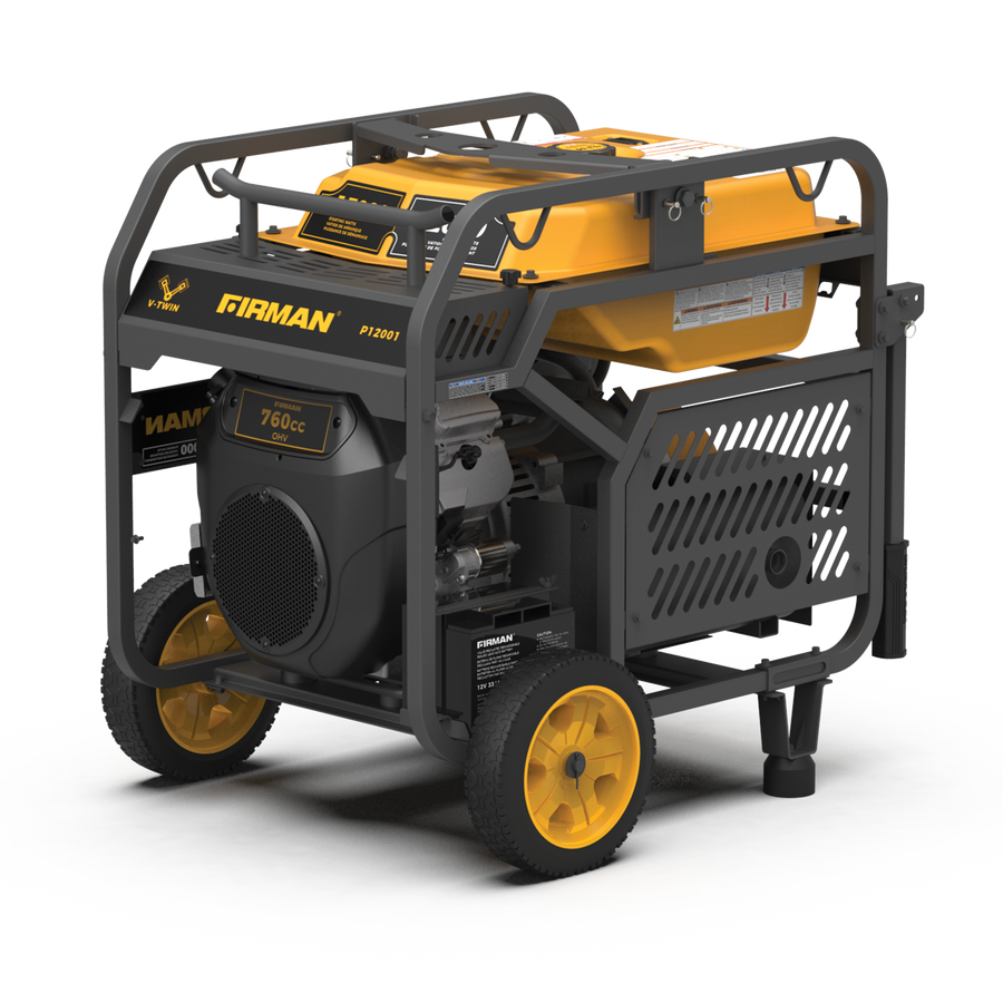 FIRMAN Power Equipment Gas Portable Generator 15000W Electric Start 120/240V on a frame with wheels, featuring a large yellow gas tank and black body with protective metal bars.