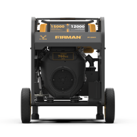 Front view of a FIRMAN Power Equipment Gas Portable Generator 15000W Electric Start 120/240V on wheels, featuring a black and yellow color scheme.