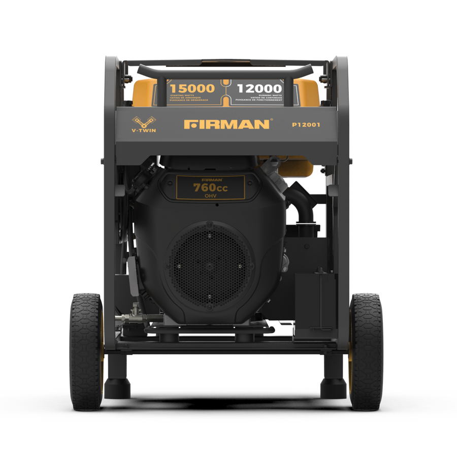 Front view of a FIRMAN Power Equipment Gas Portable Generator 15000W Electric Start 120/240V on wheels, featuring a black and yellow color scheme.
