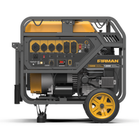 Portable FIRMAN Power Equipment P12001 generator with a yellow and black color scheme, featuring various power output ports and control buttons.