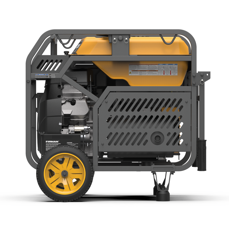 Portable gasoline-powered FIRMAN Power Equipment Gas Portable Generator 15000W Electric Start 120/240V with black frame and yellow wheels on a striped background.