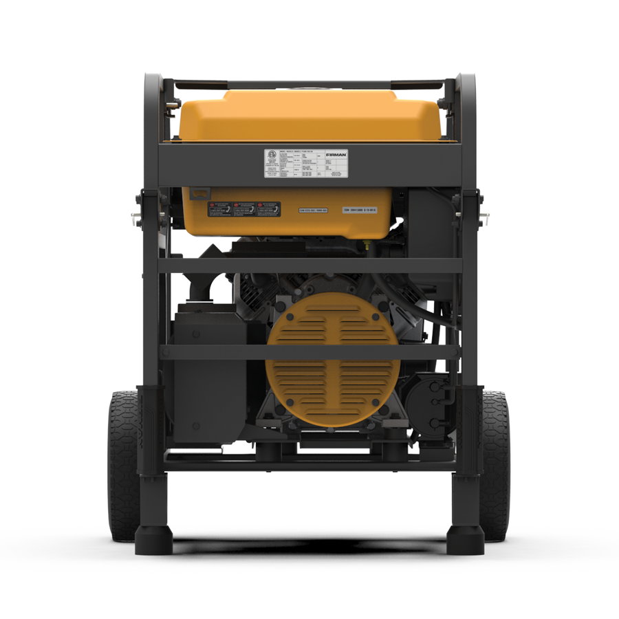 Rear view of a modern industrial FIRMAN Power Equipment Gas Portable Generator 15000W Electric Start 120/240V on wheels, featuring a yellow housing and visible motor components.