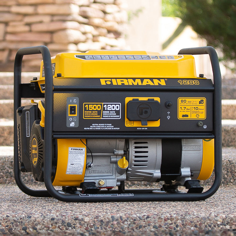 A yellow and black FIRMAN Power Equipment Gas Portable Generator 1500W Recoil Start displayed on a stone pathway.