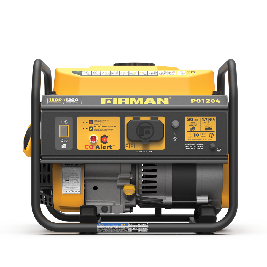 A yellow and black FIRMAN Power Equipment Gas Portable Generator 1500W Recoil Start with CO alert, featuring control labels and a CO alert warning.