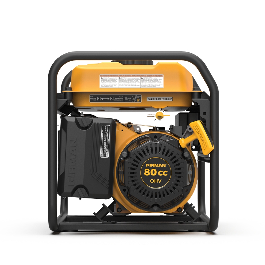 FIRMAN Power Equipment Gas Portable Generator 1500W Recoil Start with CO alert, yellow and black, with visible engine and steel frame, on a white background.