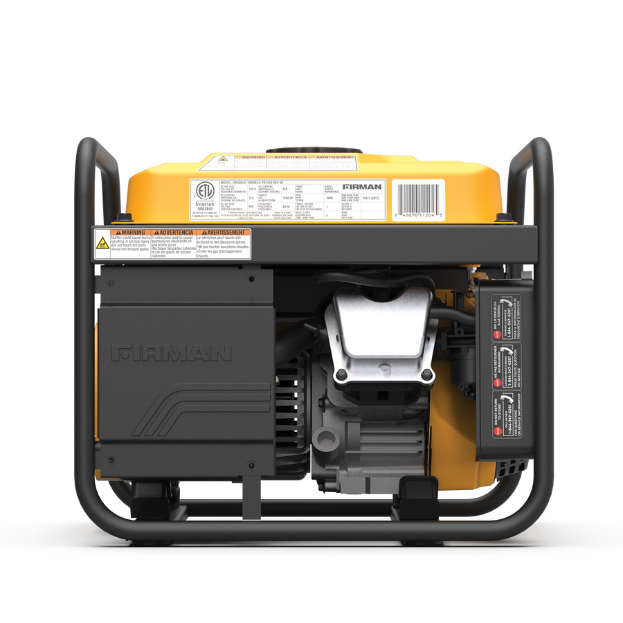 Portable generator with a yellow frame, featuring multiple output sockets and warning labels, viewed from the front, FIRMAN Power Equipment Gas Portable Generator 1500W Recoil Start with CO alert.