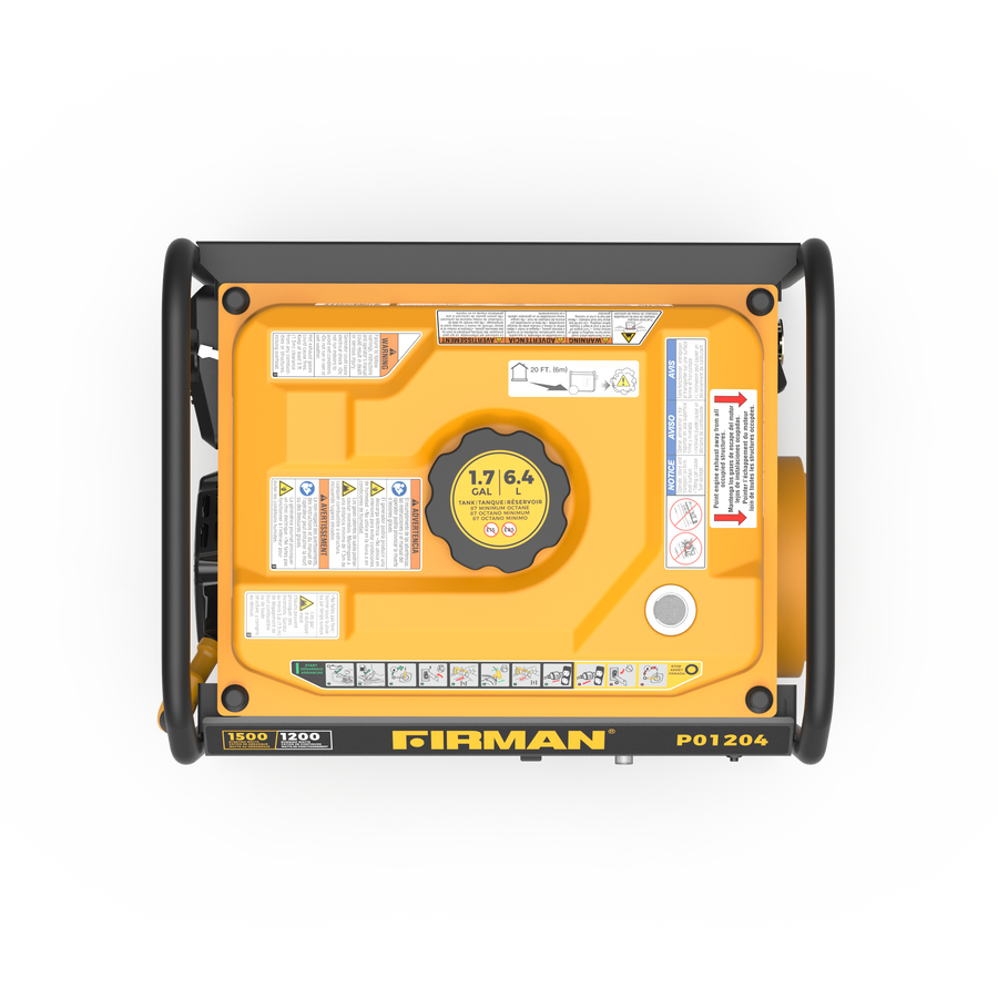 Top view of a yellow FIRMAN Power Equipment P01204 portable generator with control panel visible, displaying various operational labels and gauges.
