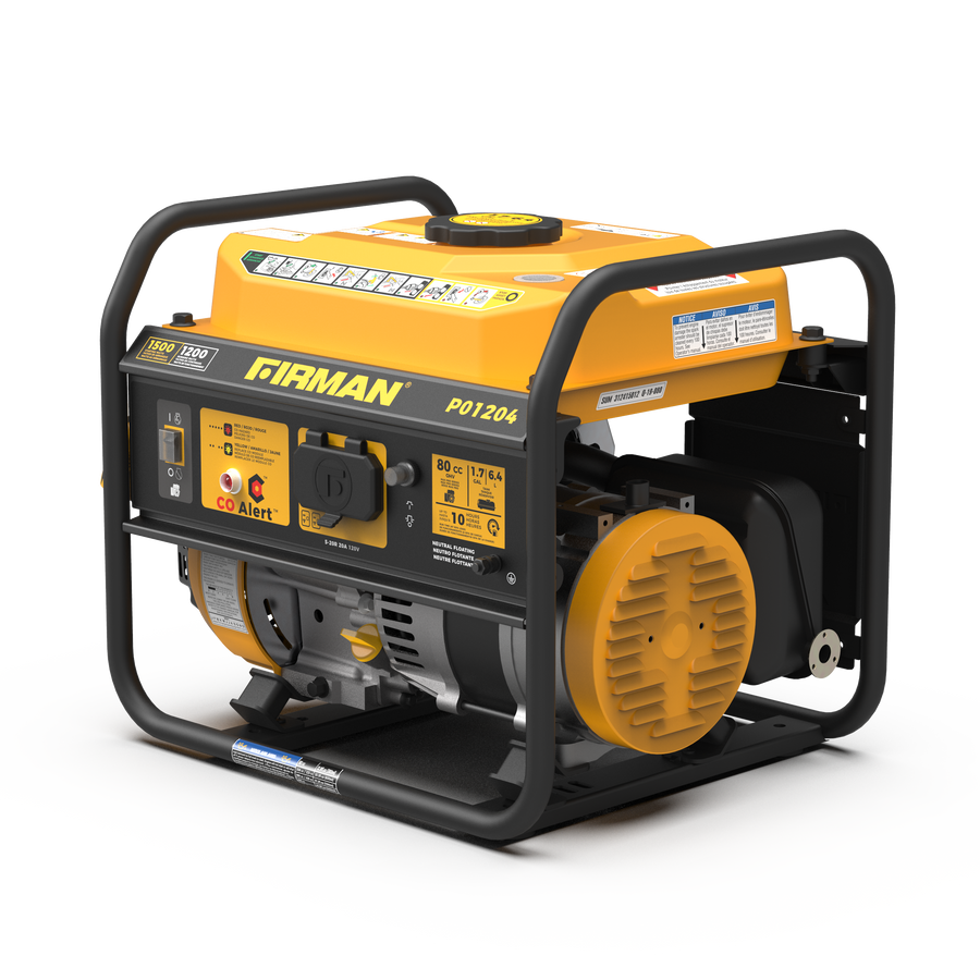 A yellow and black FIRMAN Power Equipment Gas Portable Generator 1500W Recoil Start with CO alert on a white background.