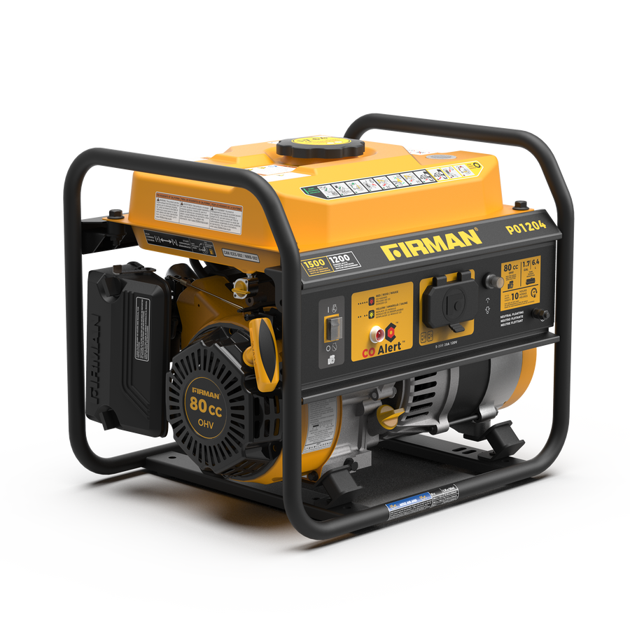 Yellow and black portable FIRMAN Power Equipment Gas Portable Generator 1500W Recoil Start with CO alert on a white background.