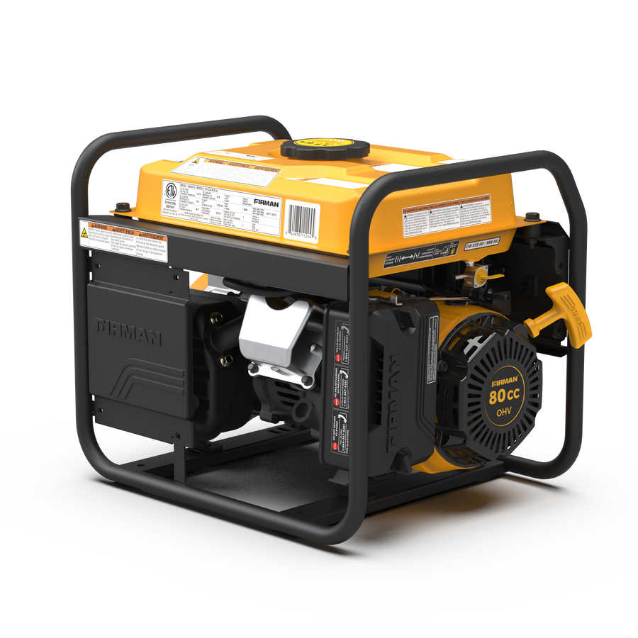 Portable yellow and black FIRMAN Power Equipment Gas Portable Generator 1500W Recoil Start with CO alert on a white background.