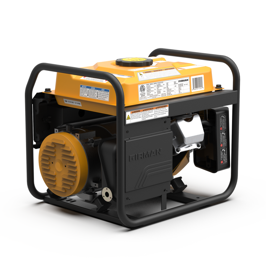 Portable yellow and black FIRMAN Power Equipment Gas Portable Generator 1500W Recoil Start with CO alert isolated on a white background.