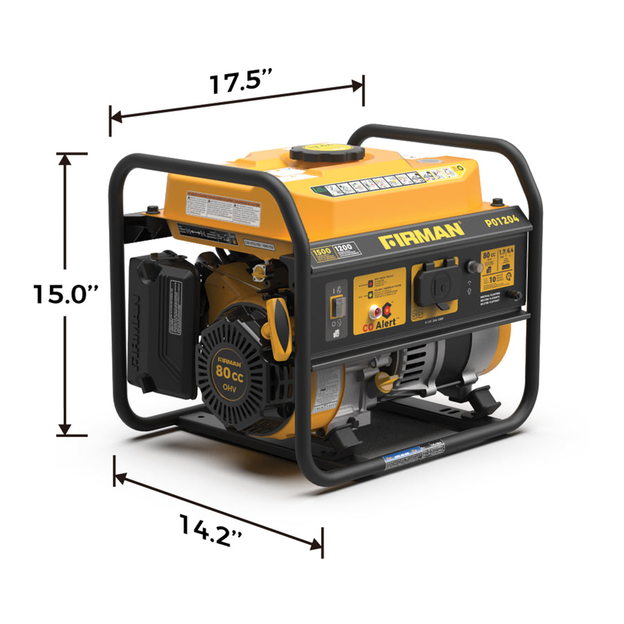 A yellow and black FIRMAN Power Equipment P01204 gas portable generator on a white background, displaying dimensions: 17.5" width, 15.0" height, and 14.2" depth