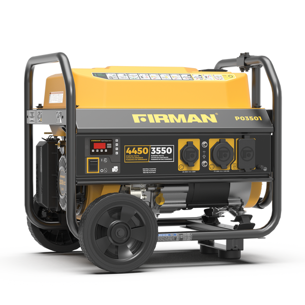 A FIRMAN Power Equipment Gas Portable Generator 4450W Recoil Start 120V with a yellow and black casing, featuring various control buttons and outlets, mounted on wheels, serves as a reliable backup power source.