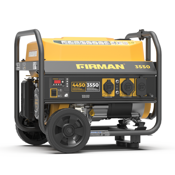 A yellow FIRMAN Power Equipment Gas Portable Generator 4450W Recoil Start 120V with black accents, featuring power outlets and display on the front panel, mounted on a black frame with wheels—perfect for camping trips and reliable backup power.