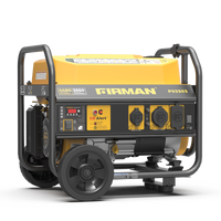 A portable FIRMAN Power Equipment Gas Portable Generator 4450W Recoil Start 120V with CO alert generator with large wheels, a yellow and black body, and multiple control knobs and outlets, California Emission Certified.