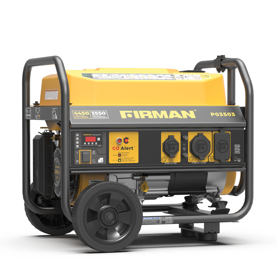 A portable FIRMAN Power Equipment Gas Portable Generator 4450W Recoil Start 120V with CO alert generator with large wheels, a yellow and black body, and multiple control knobs and outlets, California Emission Certified.