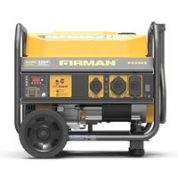 A FIRMAN Power Equipment Gas Portable Generator 4450W Recoil Start 120V featuring a yellow and black design with CO alert, California Emission Certified, and several power outlets visible.