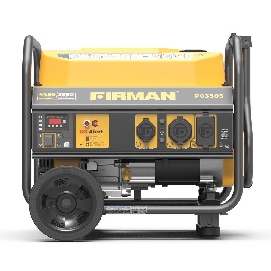 A FIRMAN Power Equipment Gas Portable Generator 4450W Recoil Start 120V featuring a yellow and black design with CO alert, California Emission Certified, and several power outlets visible.